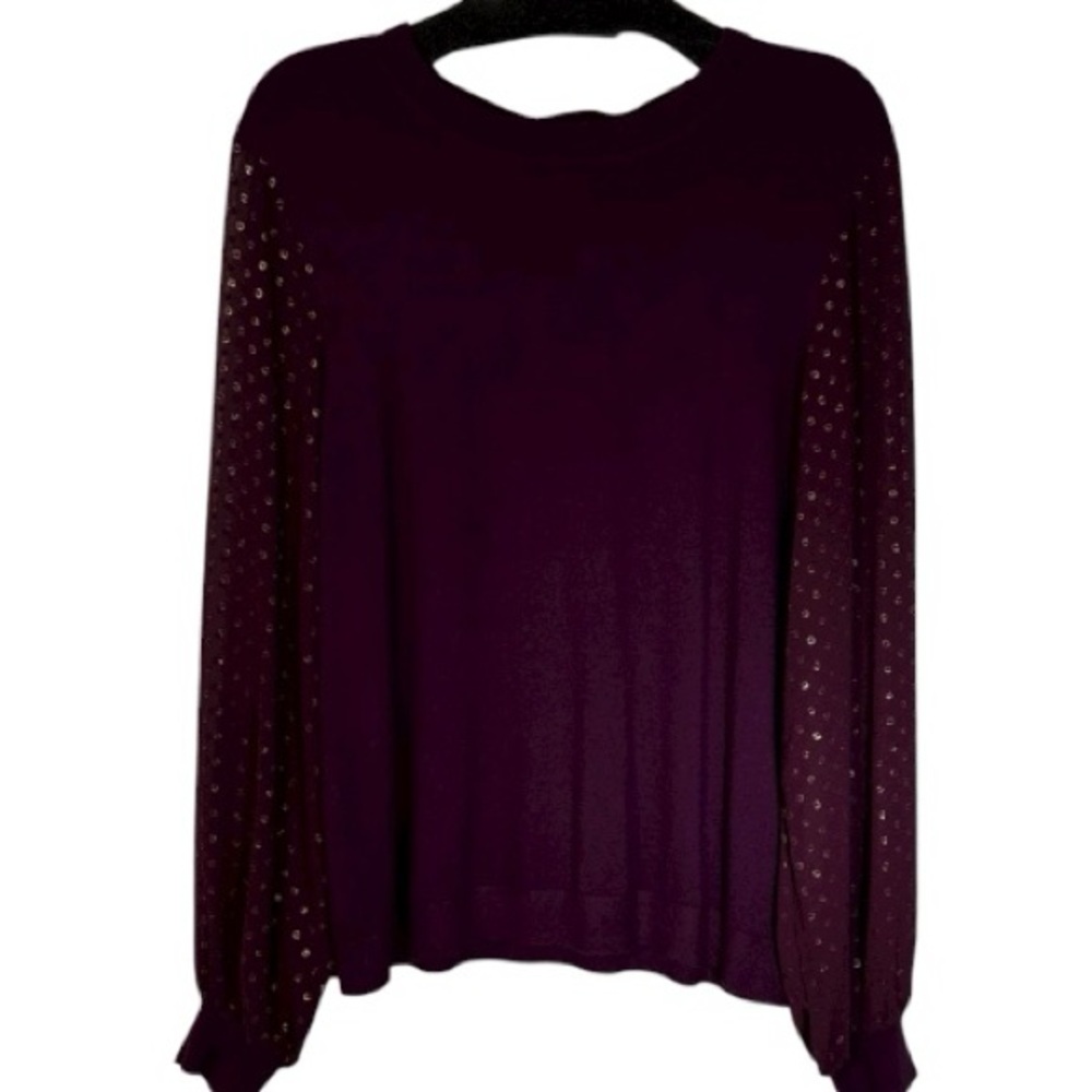 Adrianna Papell Sweater Purple w/ Gold Polka Dots Sheer‎ Bishop Sleeve Sz L  NWT